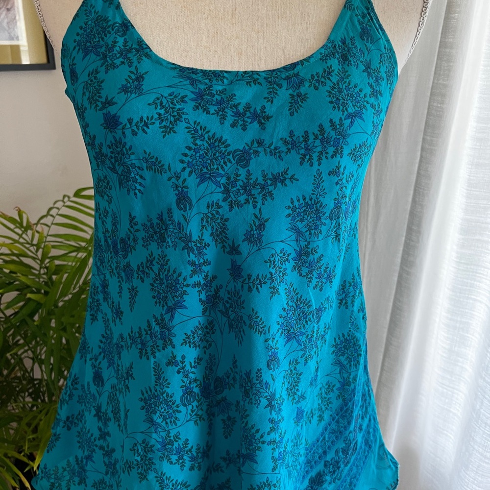 Silk Blue Floral Sleeveless Top Tank Top six M/L